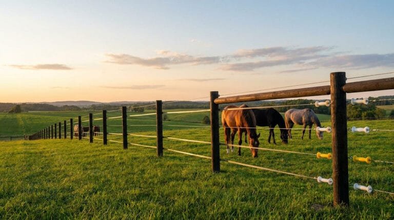 Chevaux broutant dans un pré verdoyant délimité par une clôture électrique en bois au coucher du soleil.