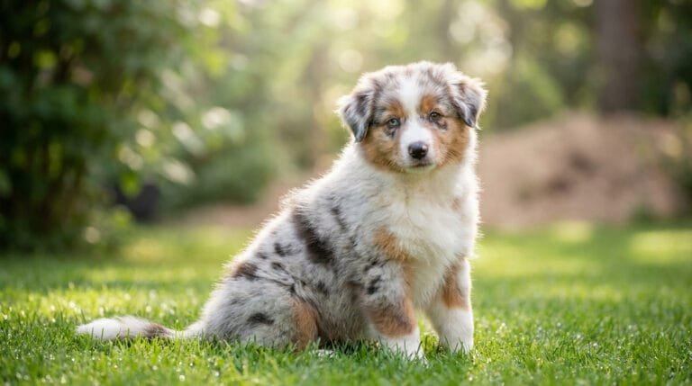 Un adorable chiot Berger Australien à la robe merle assis dans un jardin verdoyant et ensoleillé.