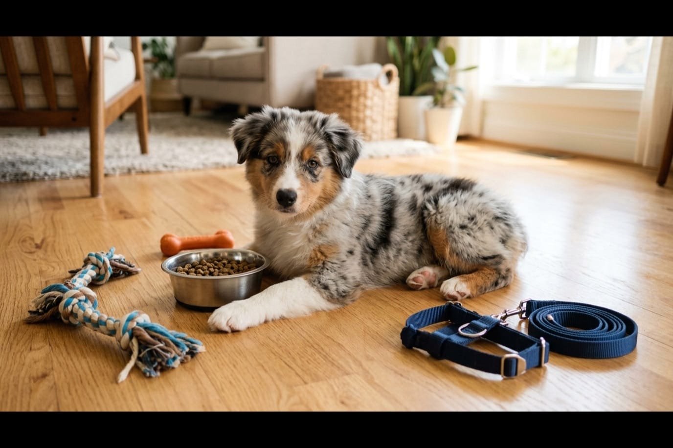 Chiot berger australien bleu merle allongé près de sa gamelle de croquettes, d'un jouet corde, d'un os à mâcher et d'un harnais avec sa laisse
