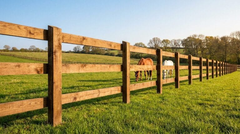 Clôture en bois robuste bordant un pré vert avec des chevaux qui broutent sous un ciel ensoleillé.