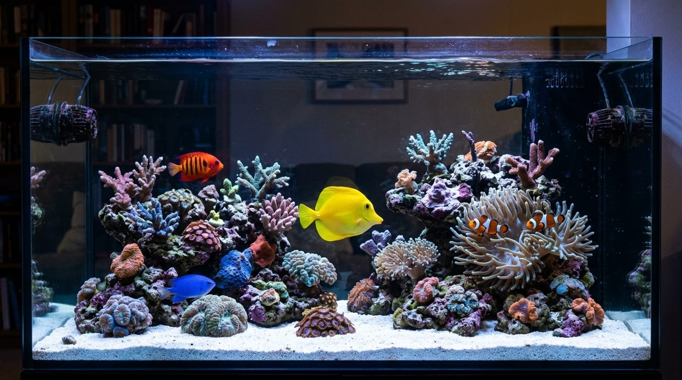 Compatibilité poissons récifal réussie : chirurgien jaune, couple de clowns, demoiselle et ange nain dans le même bac