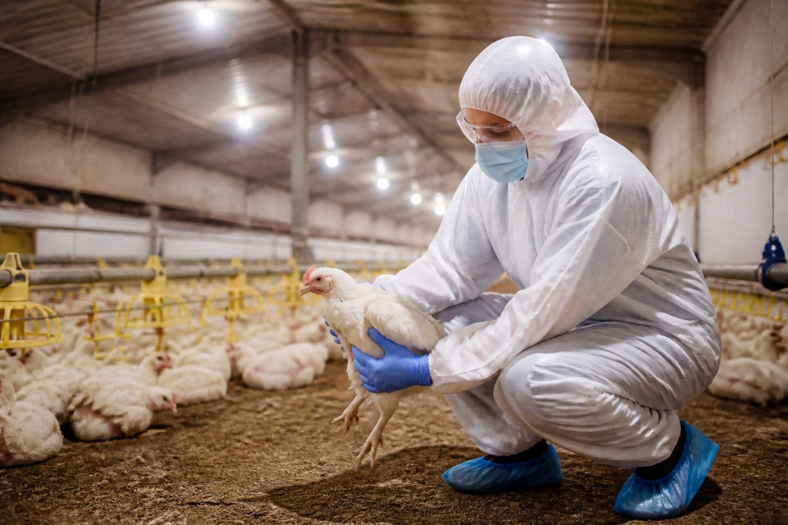 Contrôle sanitaire en bâtiment avicole avec combinaison, masque et gants, la biosécurité d'un élevage oies