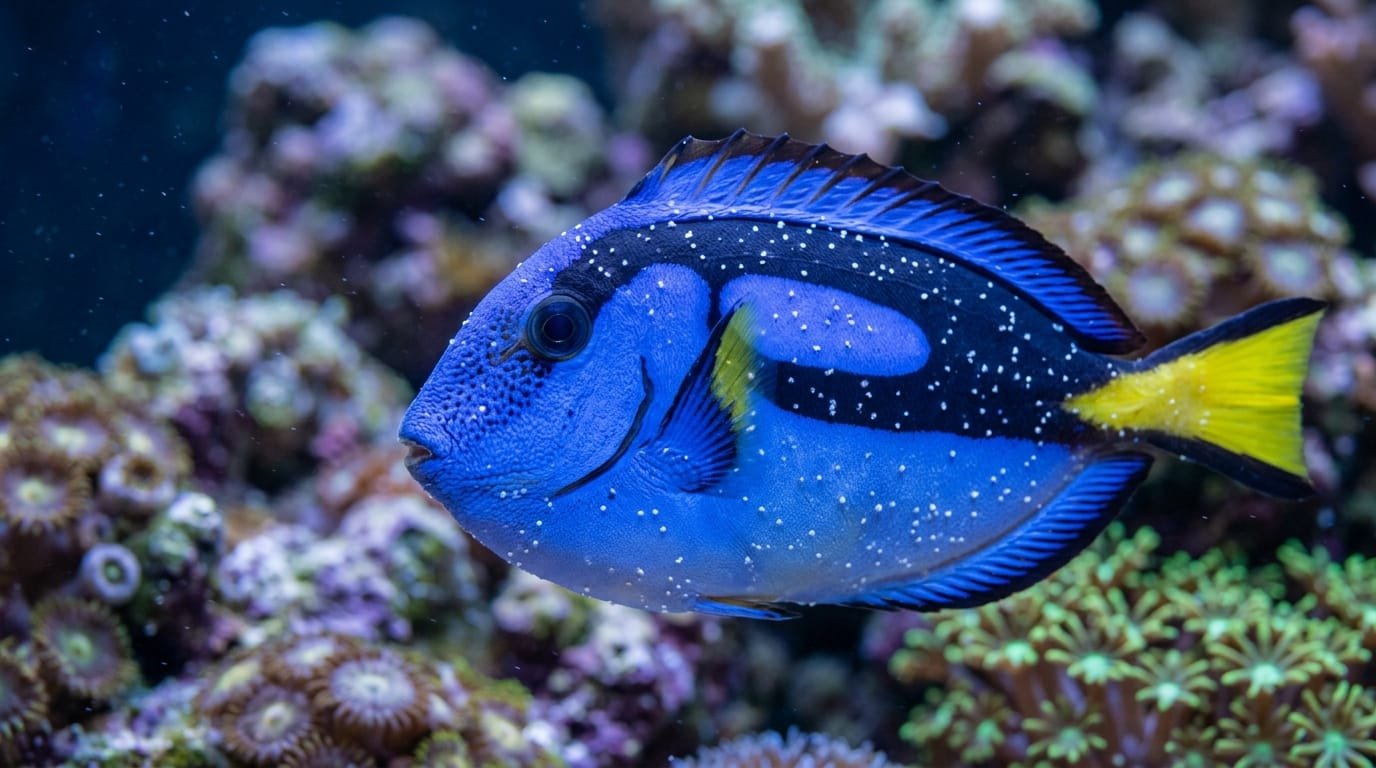 Cryptocaryon : points blancs sur un poisson-chirurgien bleu en aquarium marin