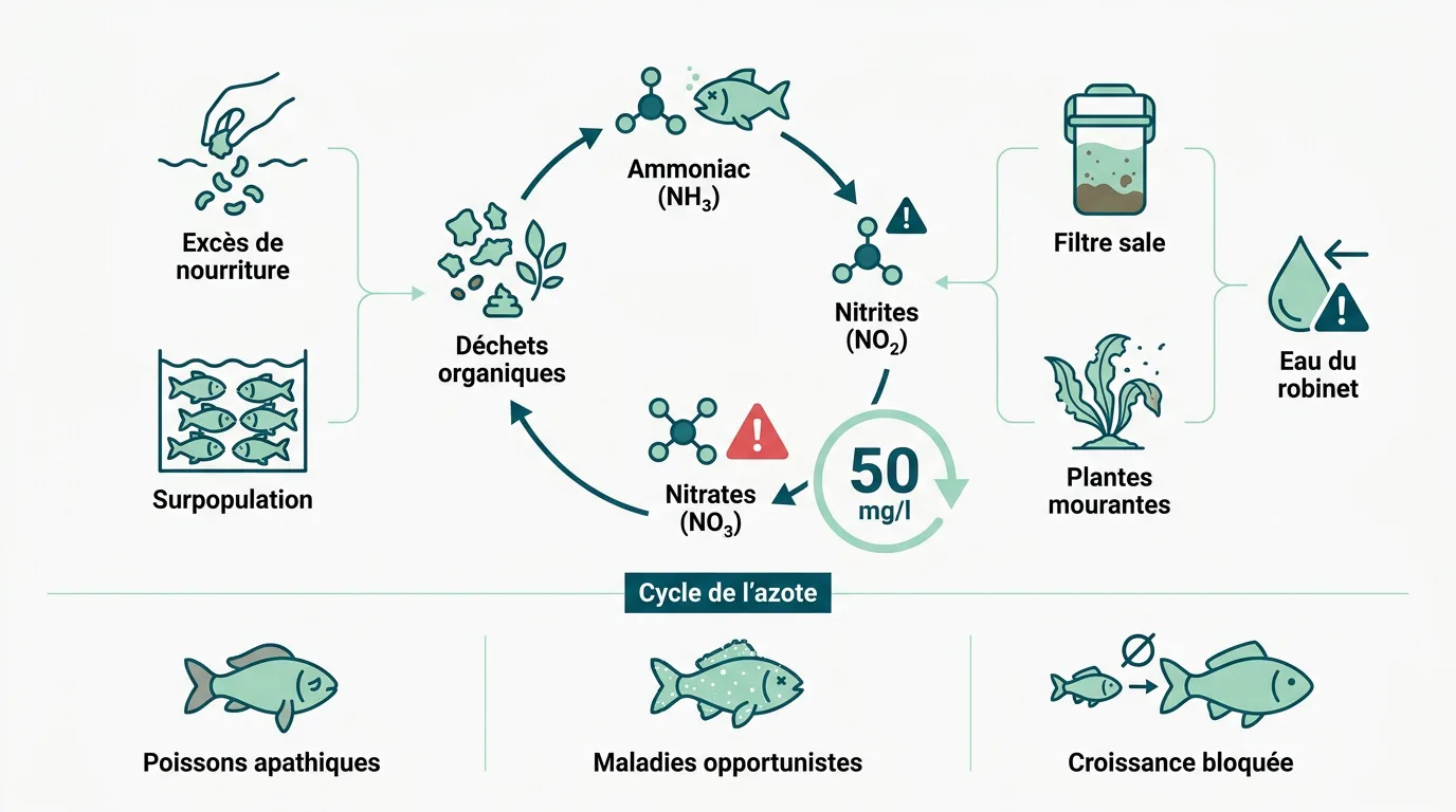 Nitrates aquarium : schéma du cycle de l'azote et des causes d'accumulation