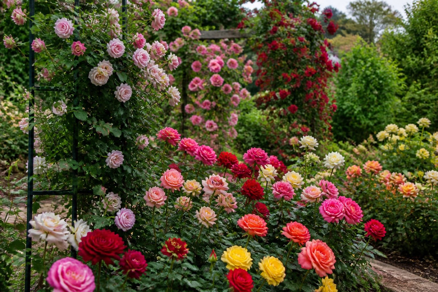 Roseraie mêlant rosiers grimpants sur treillage et rosiers buissons en fleurs de toutes couleurs