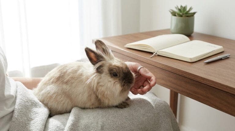Prix vaccin lapin 2026 : lapin nain sur les genoux de son propriétaire, carnet de santé ouvert