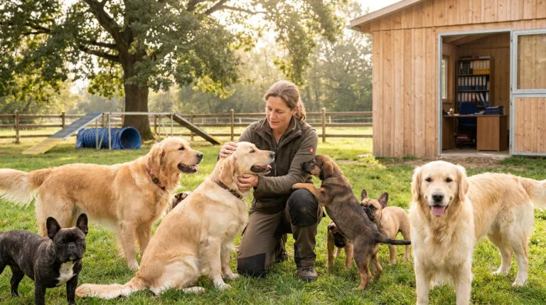 Une éleveuse canine entourée de plusieurs chiens dans un jardin devant un abri en bois.