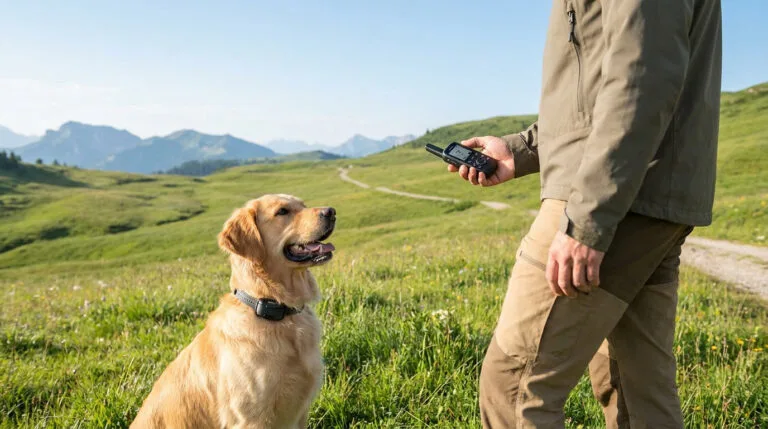 Un maître utilisant une télécommande pour dresser son Golden Retriever dans un paysage de montagne ensoleillé.