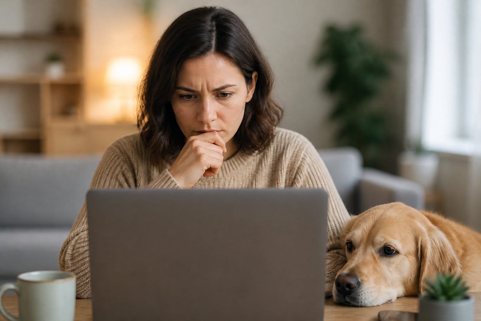 Une femme pensive consulte des annonces sur son ordinateur, son chien couché à ses côtés