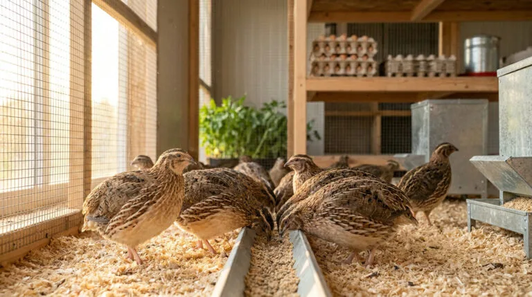 Des cailles mangent des graines dans un abri en bois bien aménagé avec des alvéoles d'œufs en arrière-plan.