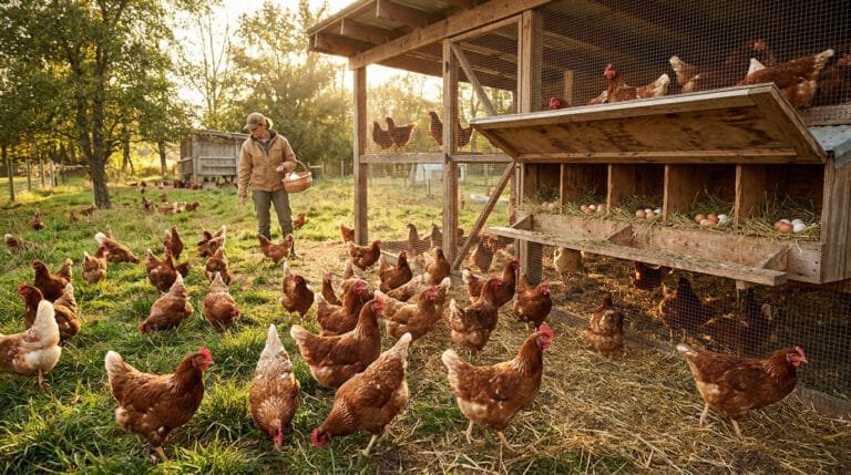 Une agricultrice nourrit des poules dans un poulailler en plein air au coucher du soleil.