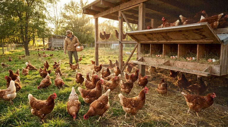 Une agricultrice nourrit des poules dans un poulailler en plein air au coucher du soleil.