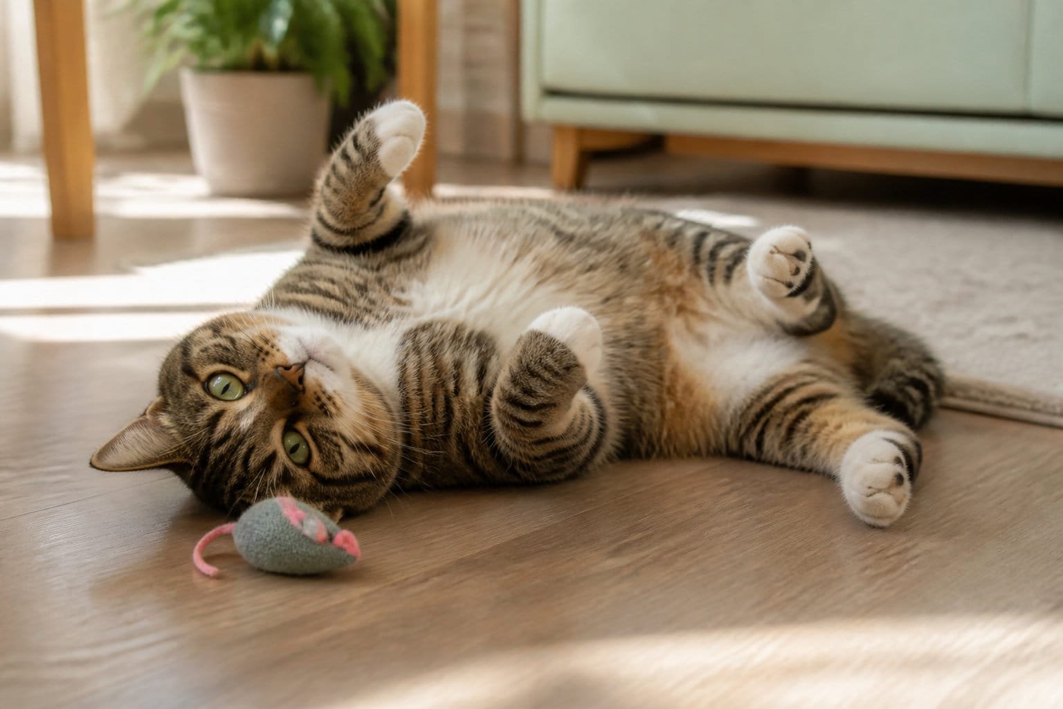 Chat joueur allongé sur le dos avec un jouet à la cataire, l'herbe à chat euphorisante