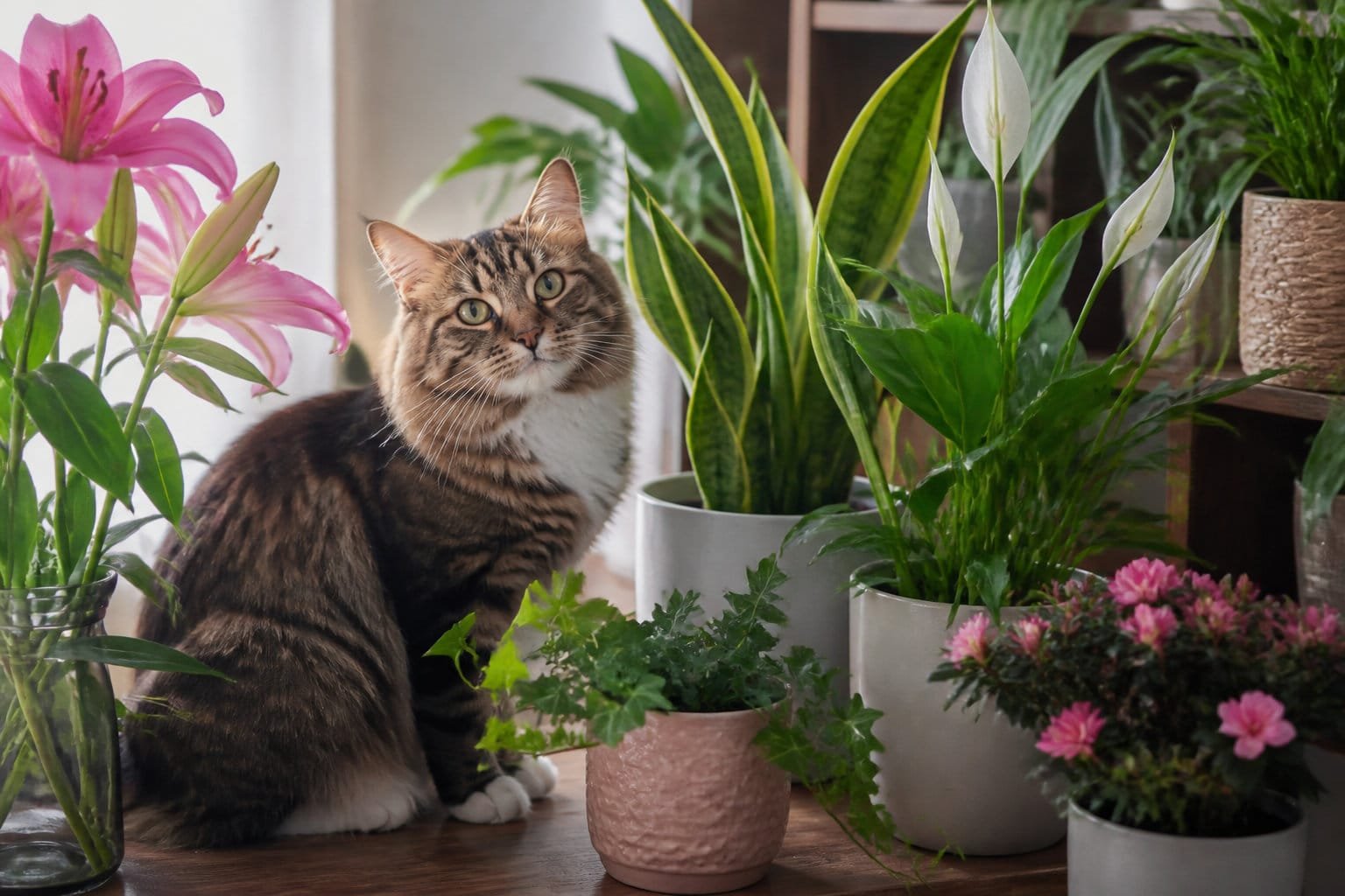 Chat à côté de pots d'herbe à chat et de plantes d'intérieur sans danger