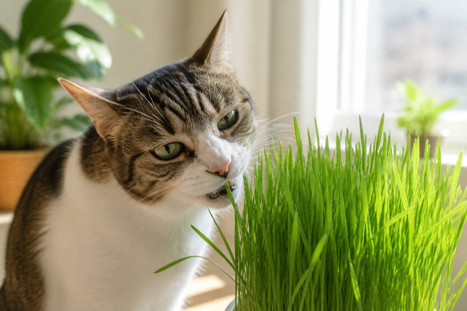 Chat mangeant de l'herbe à chat en pot, des pousses d'avoine qui facilitent le transit