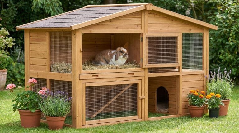 Un clapier en bois pour lapin installé dans un jardin fleuri avec un lapin à l'intérieur.