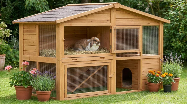 Un clapier en bois pour lapin installé dans un jardin fleuri avec un lapin à l'intérieur.