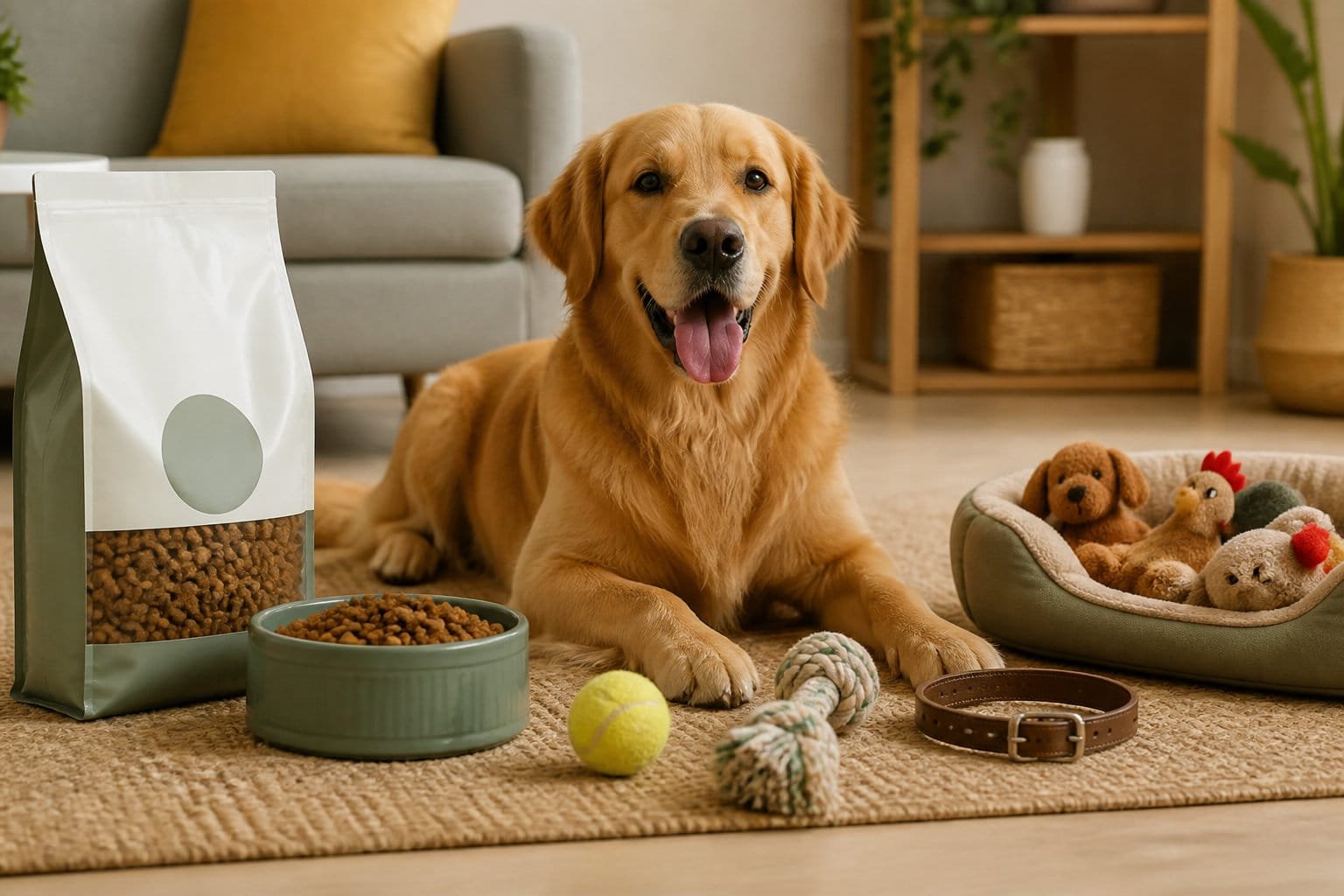 Un chien allongé sur un tapis entouré de croquettes, de jouets et de ses accessoires du quotidien