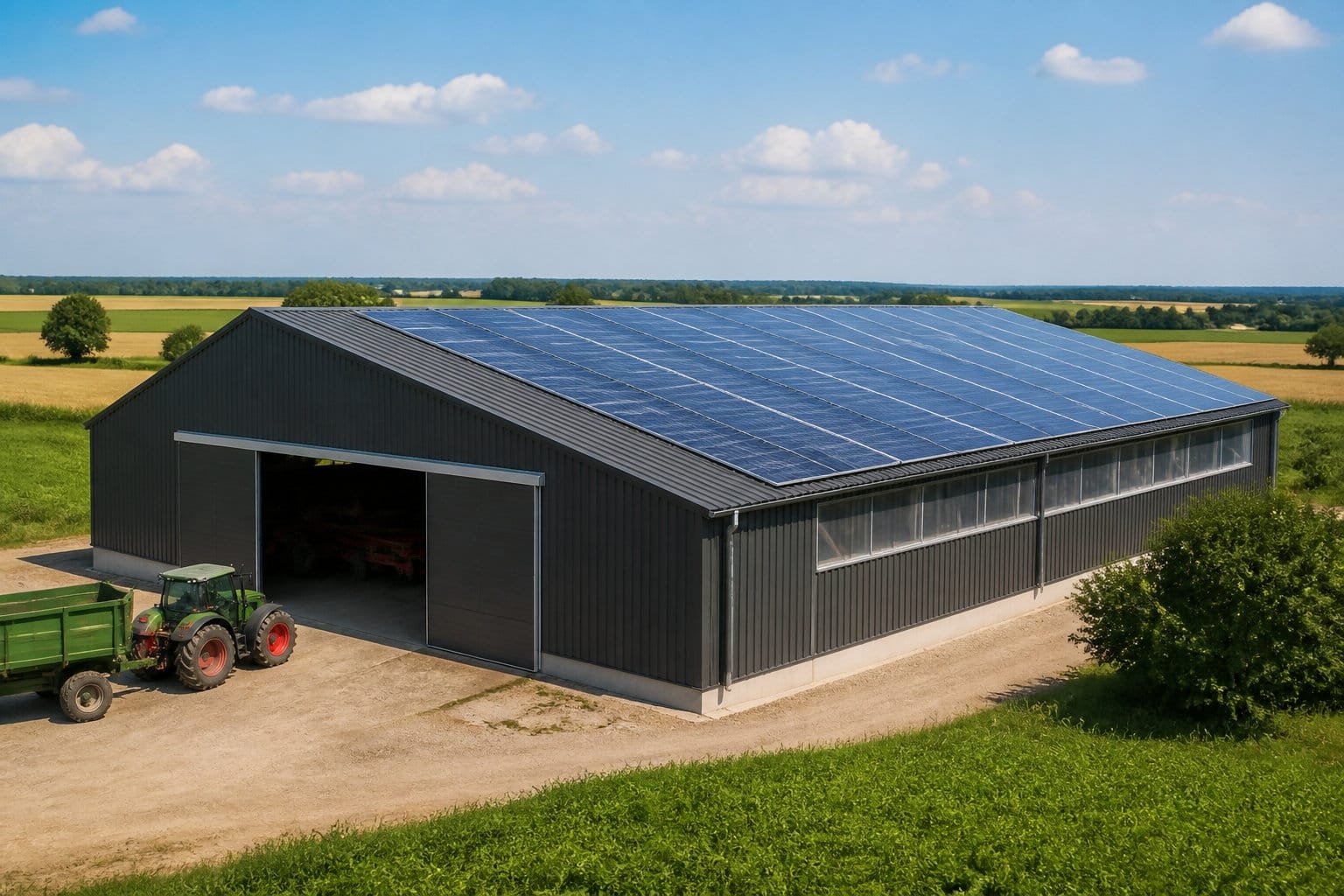 Toiture de hangar agricole couverte de panneaux solaires en bac acier
