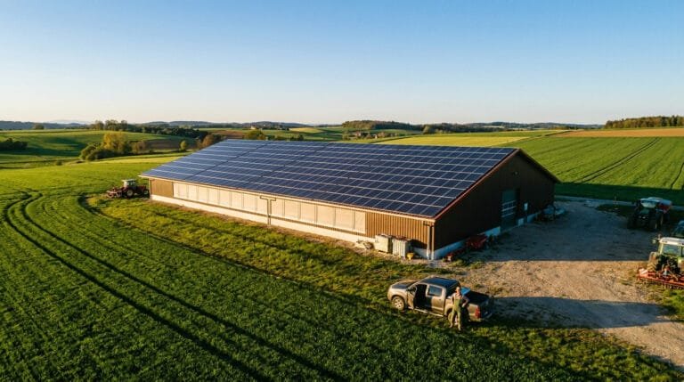 Vue aérienne d'un hangar agricole avec toit solaire entouré de champs verdoyants et un agriculteur près de son pick-up.