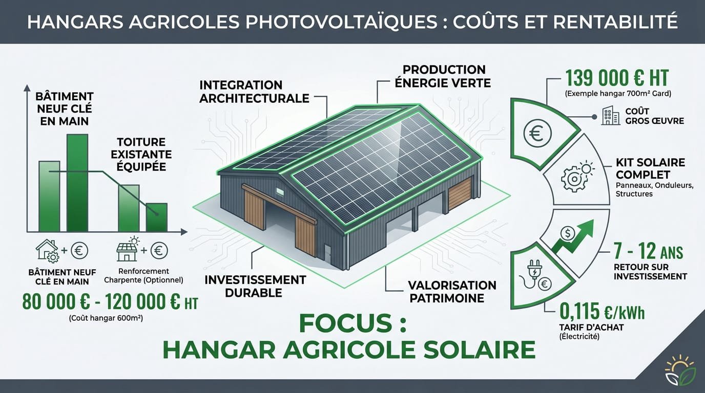 Hangar agricole photovoltaïque équipé de panneaux solaires en zone rurale
