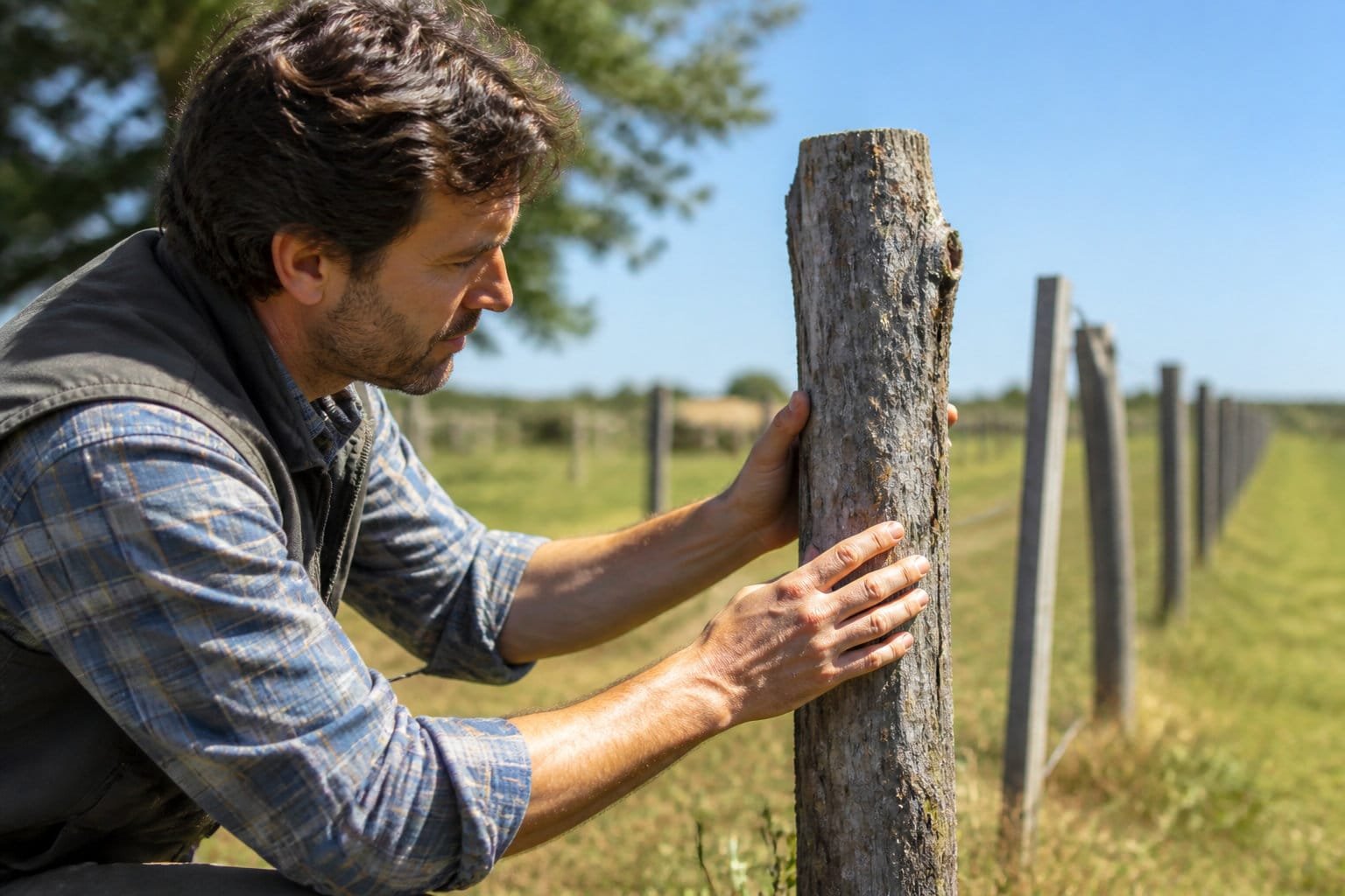 Contrôle d'un poteau de clôture en bois lors de l'entretien annuel