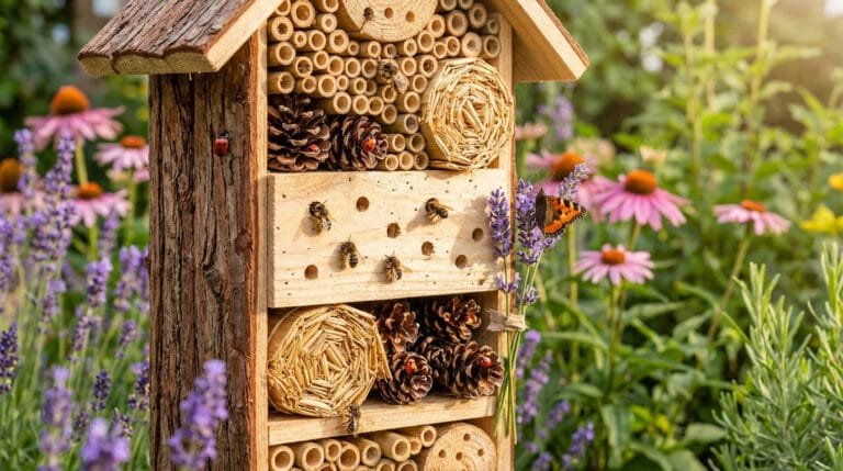 Un hôtel à insectes en bois rempli de tiges, de pommes de pin et de paille, entouré de fleurs de lavande et d'échinacées.