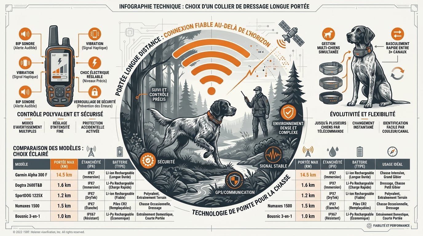 Infographie comparative des critères de choix pour un collier de dressage longue portée
