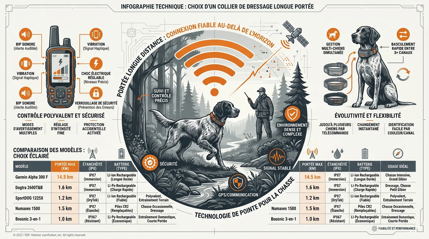 Infographie comparative des critères de choix pour un collier de dressage longue portée