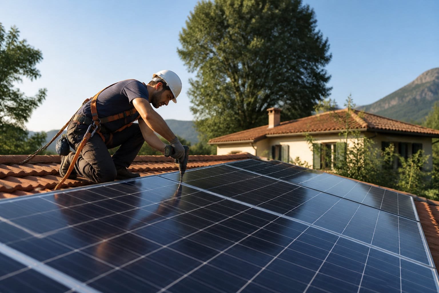 Installateur posant des modules photovoltaïques sur la toiture d'un bâtiment agricole