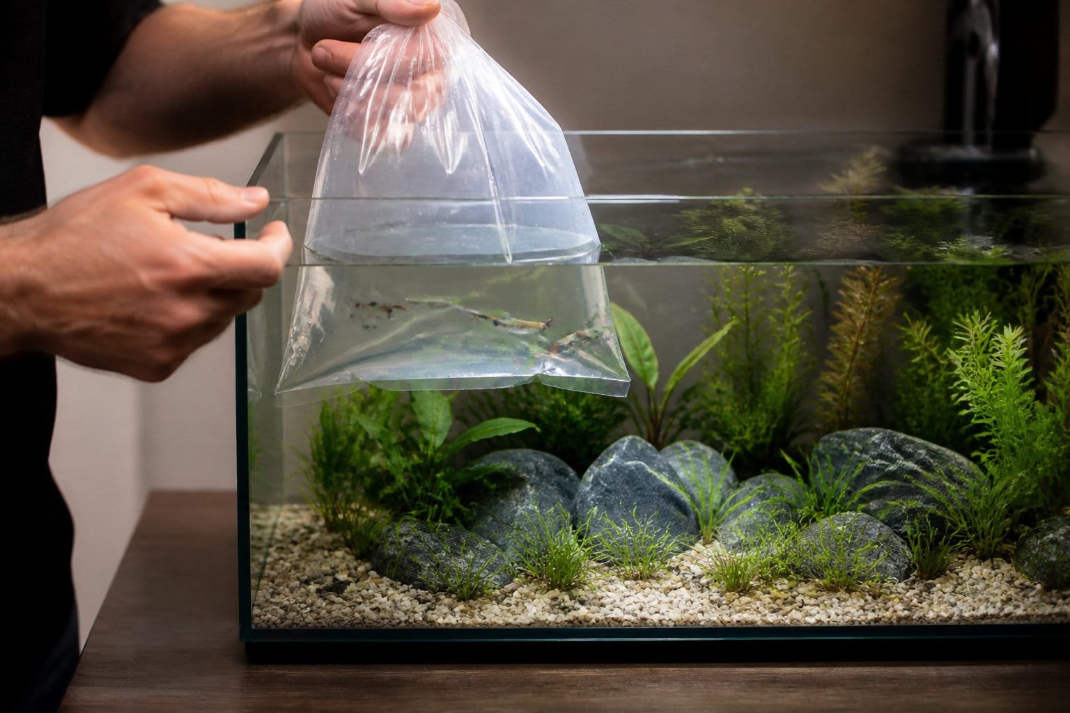 Acclimatation d'un nouveau poisson : sachet posé à la surface d'un aquarium d'eau douce