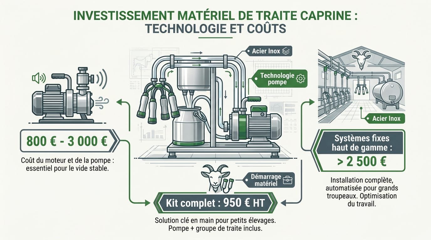 Machine à traire chèvre professionnelle avec pot en inox et châssis mobile en étable