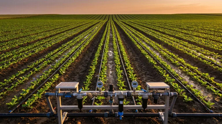 Système d'irrigation goutte-à-goutte automatisé avec panneaux solaires dans un champ au coucher du soleil.