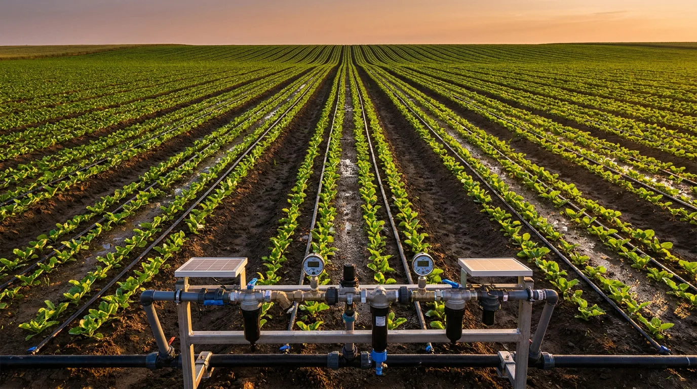 Irrigation goutte-à-goutte pilotée par panneaux solaires dans un champ