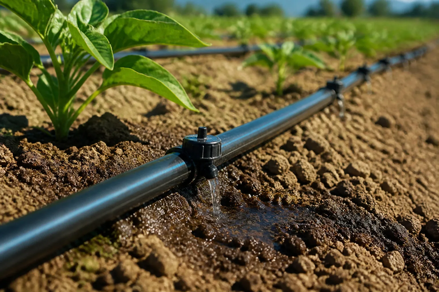 Rampes d'irrigation goutte-à-goutte et goutteurs en place dans une parcelle