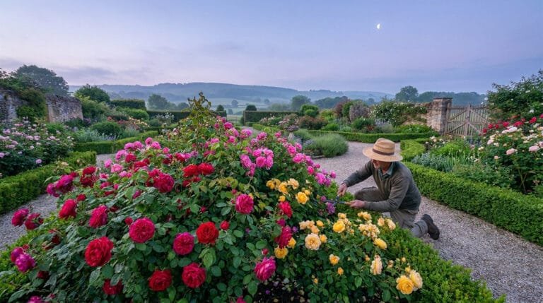 Un jardinier avec un chapeau de paille taille des rosiers roses et jaunes sous un croissant de lune.