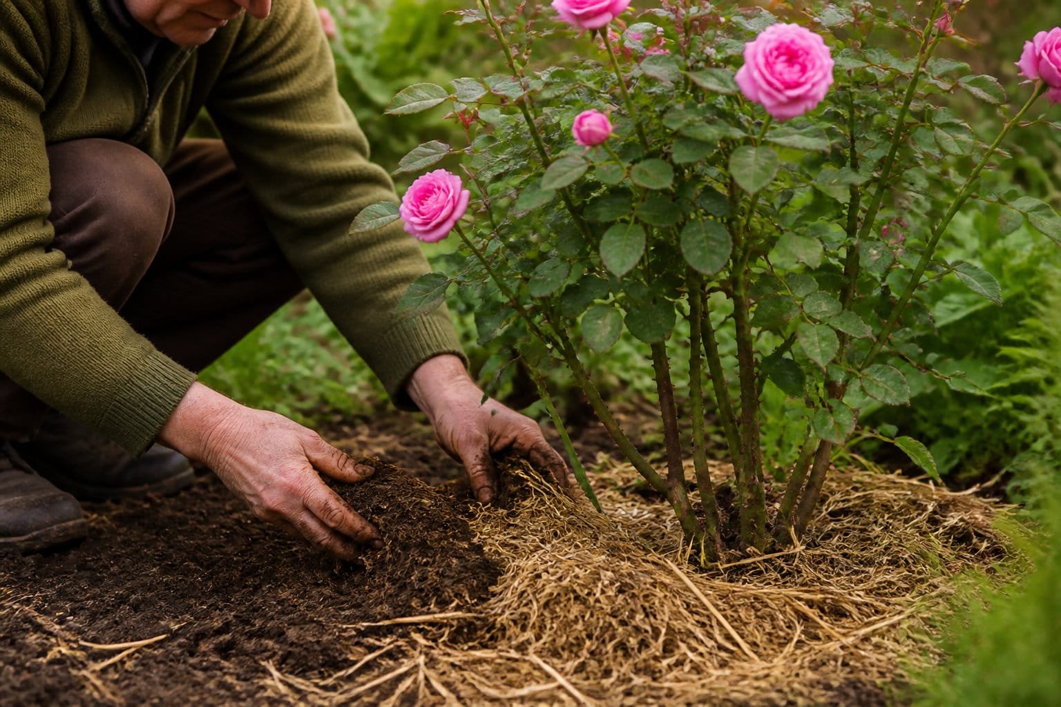Jardinier étalant du compost et un paillis de paille au pied d'un rosier en fleurs