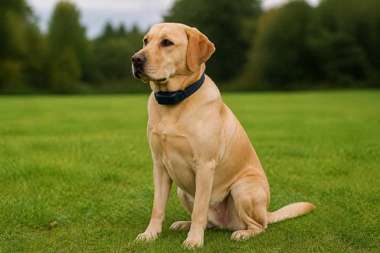 Chien assis calmement pendant une séance avec un collier de dressage longue portée