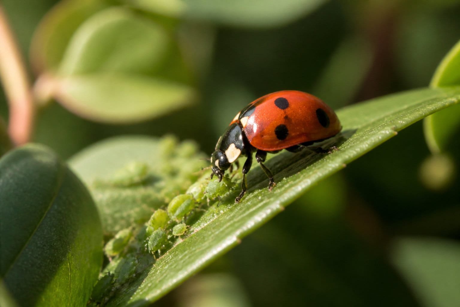 Coccinelle à sept points mangeant des pucerons sur une feuille