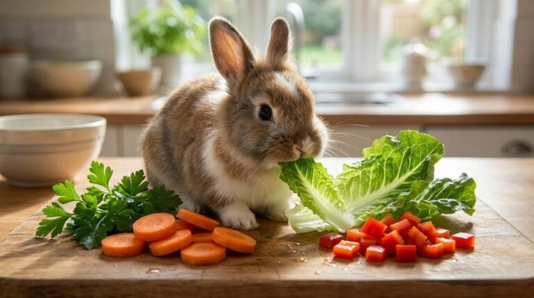 Un petit lapin nain grignote une feuille de laitue fraîche sur une planche à découper entourée de légumes.