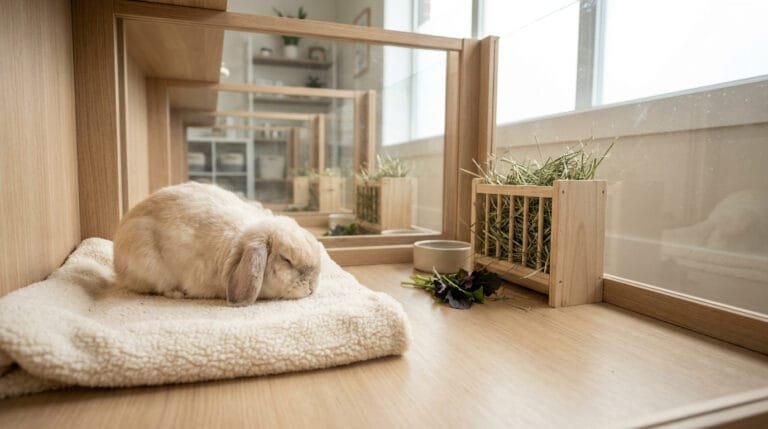 Un lapin bélier beige dort paisiblement sur un tapis en laine douce dans un enclos moderne et lumineux.