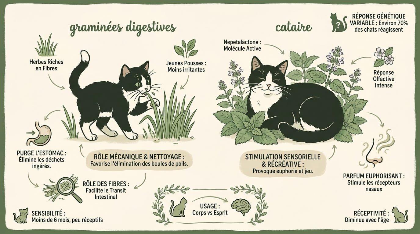Chat domestique mangeant de l'herbe à chat fraîche pour faciliter sa digestion