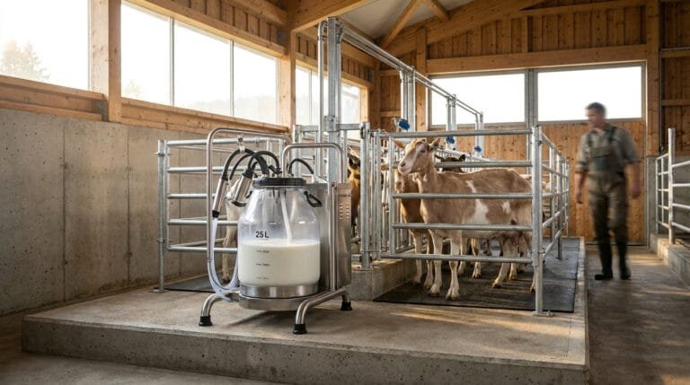 Machine à traire chèvre mobile en fonctionnement dans une chèvrerie