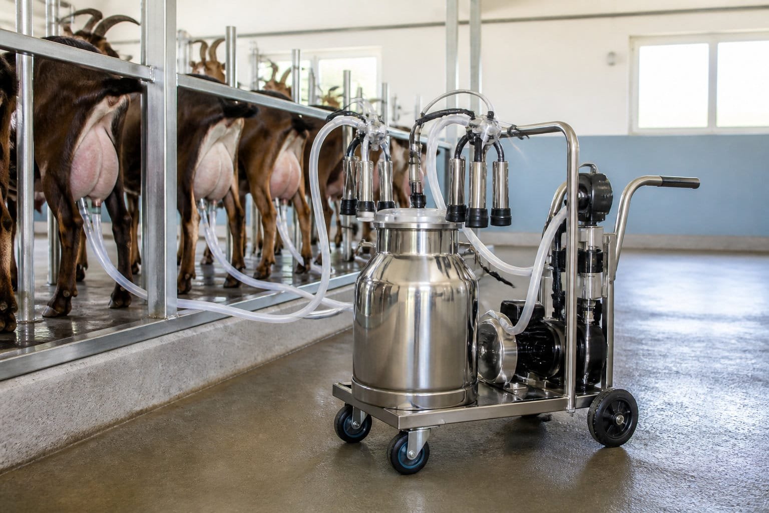 Machine à traire chèvre mobile à double griffe positionnée devant un lot de chèvres laitières