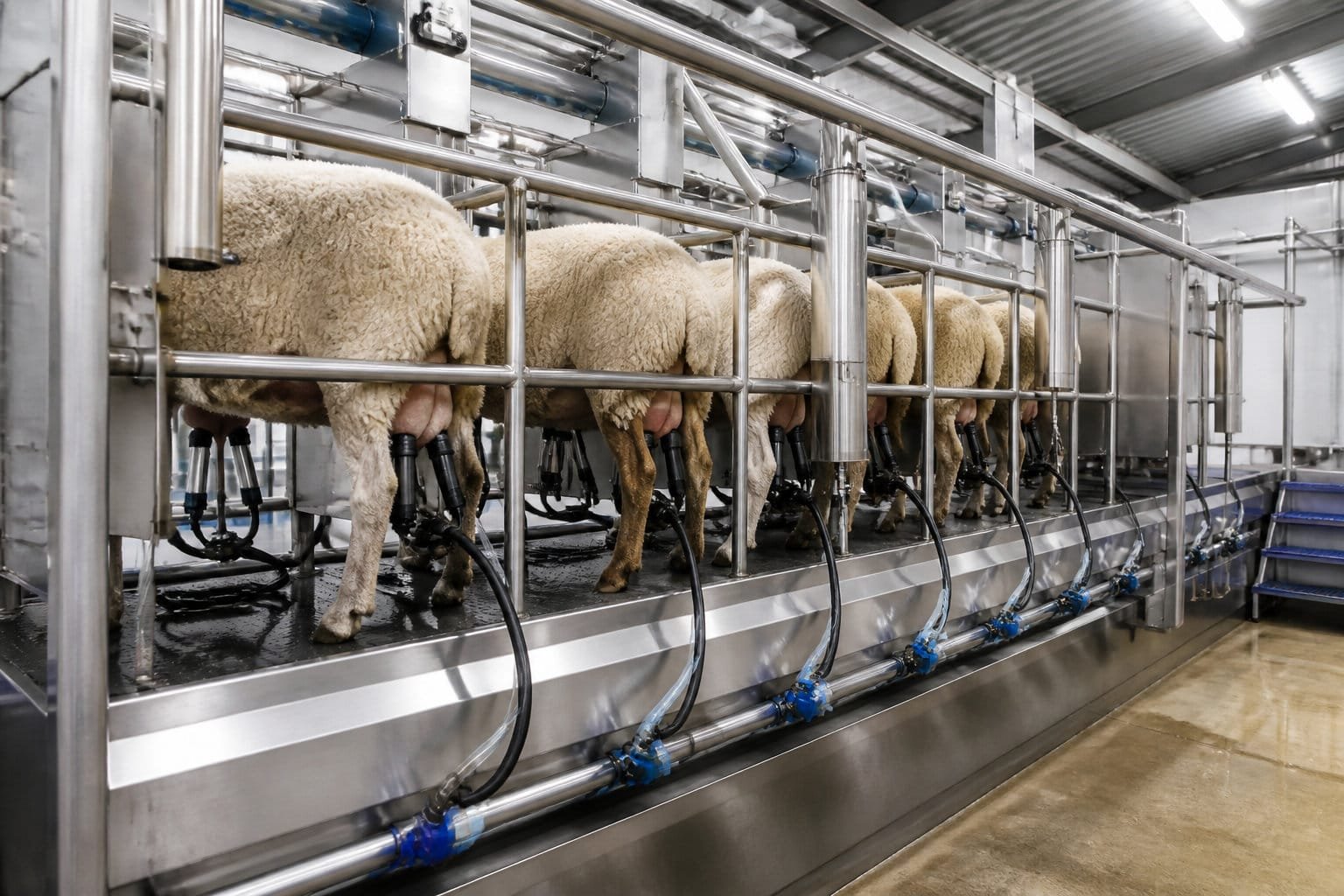 Salle de traite moderne pour brebis laitière avec quais et griffes de traite