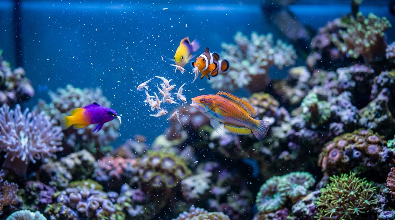 Nourrir poisson eau de mer : nuage de mysis décongelées capté en pleine eau par quatre poissons récifaux