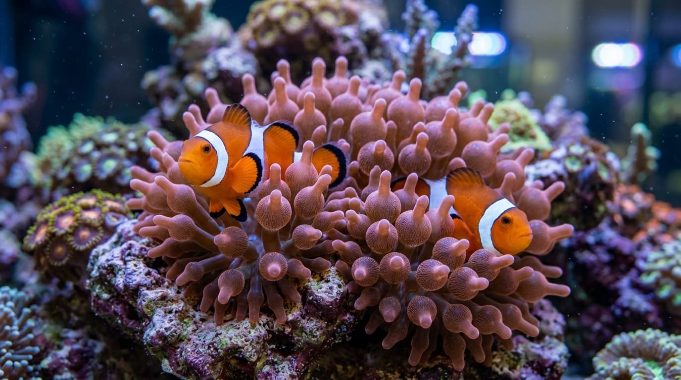 Poisson clown anémone : un couple d'Amphiprion ocellaris installé dans une anémone bulle