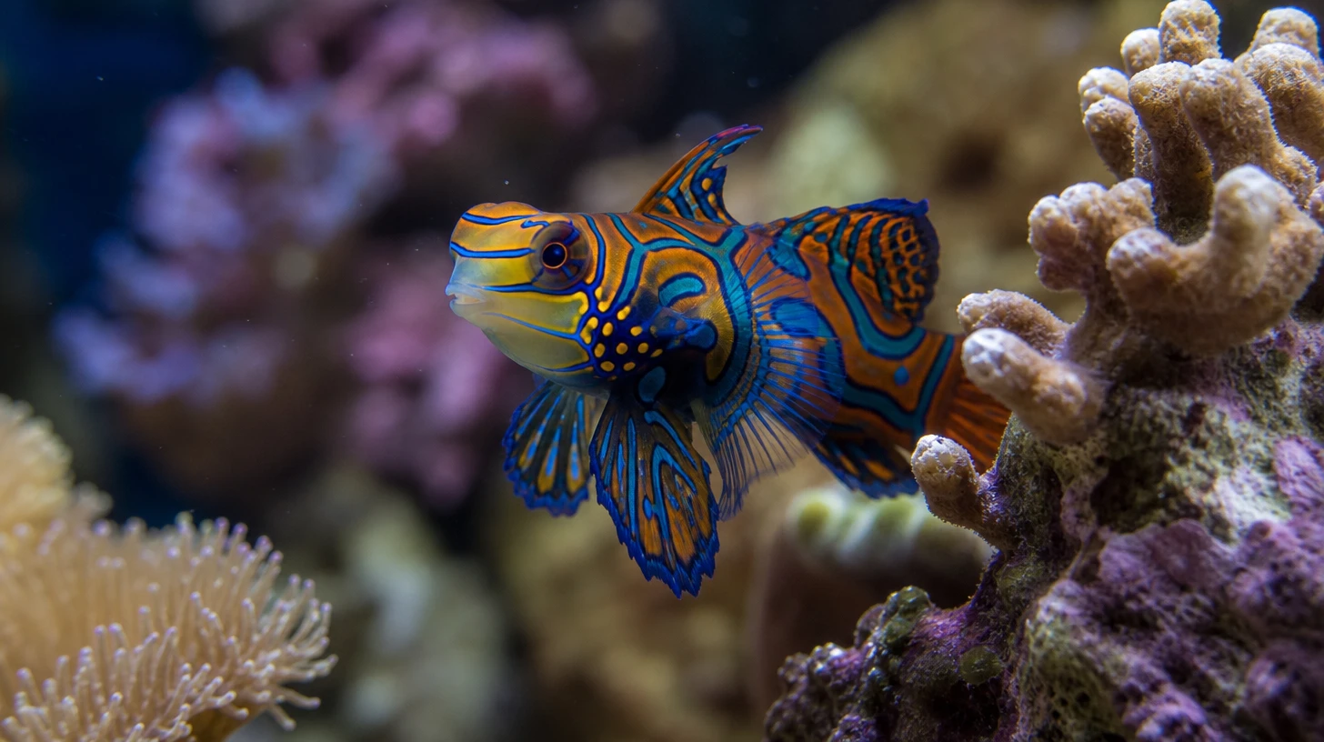 Poisson mandarin Synchiropus splendidus dans un aquarium récifal