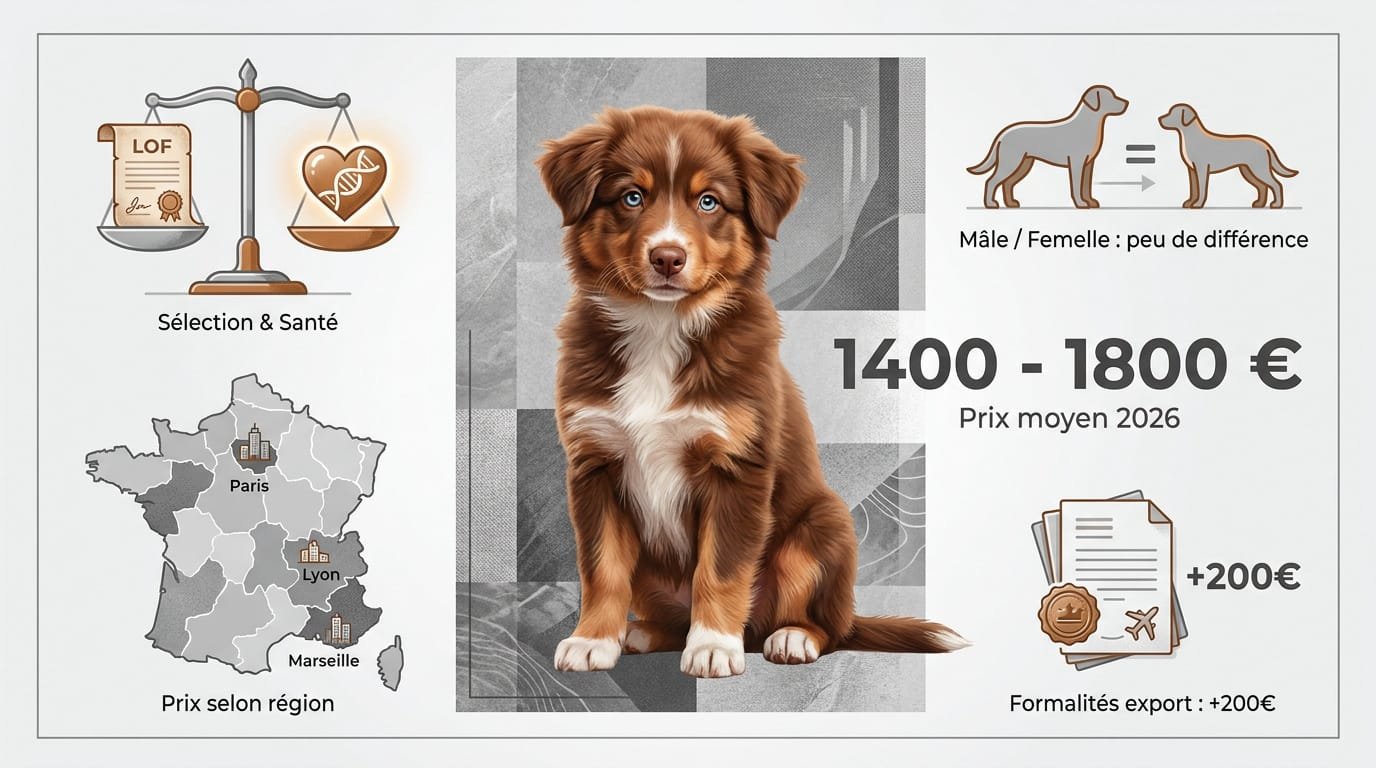 Infographie du prix d'un chiot berger australien LOF : fourchette de 1 400 à 1 800 euros, carte de France et facteurs de coût