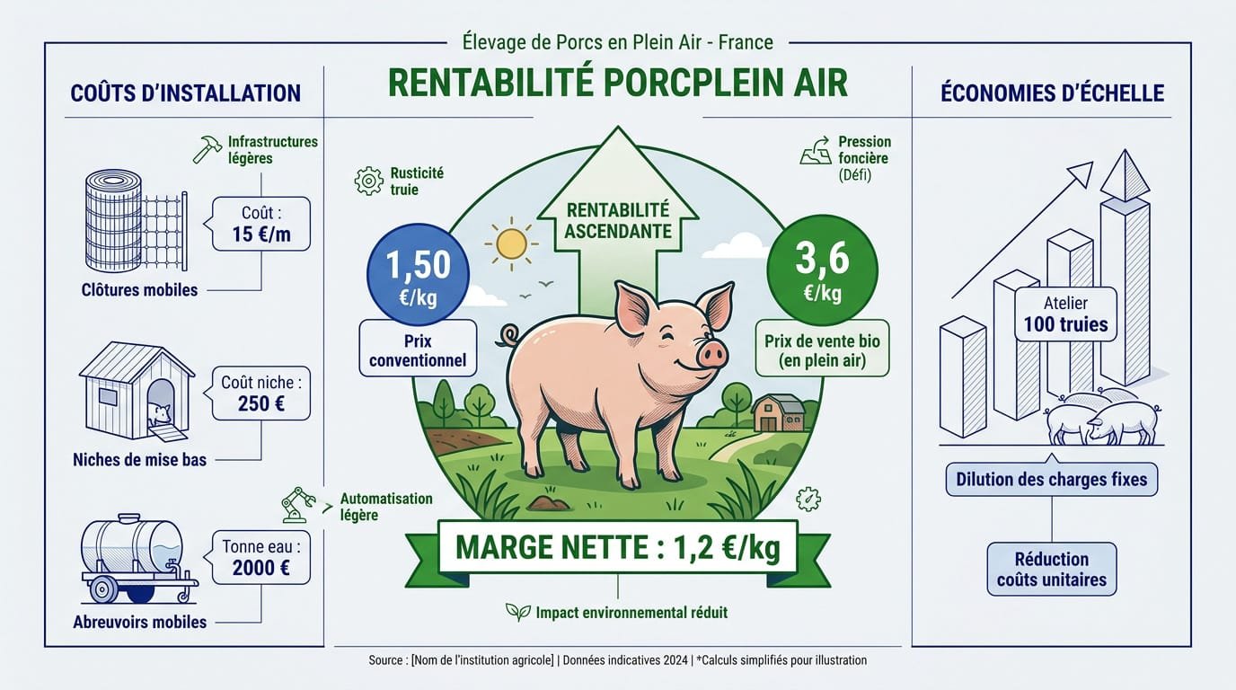 Rentabilité élevage porc plein air : truies et porcelets dans une prairie française
